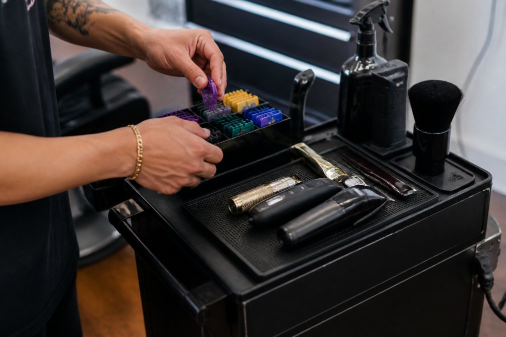Professional barber's hands organizing multiple clipper guards in a labeled holder next to a magnetic tool mat on a compact mobile station with neatly arranged trimmers and supplies