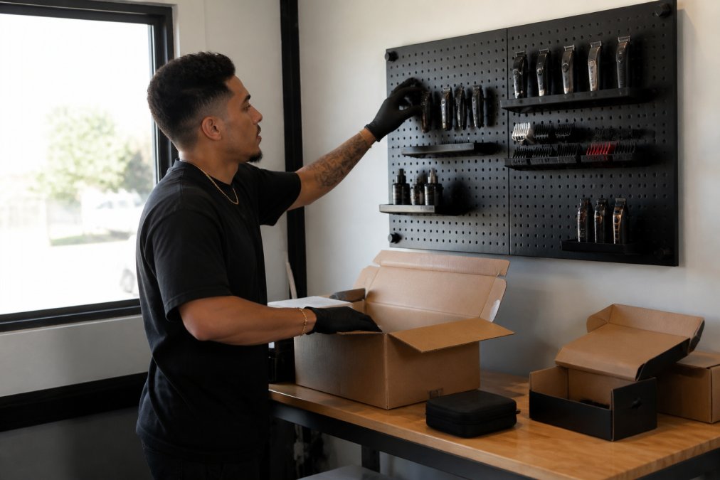 Mobile barber standing at a compact wall-mounted pegboard station with organized clippers, guards, trimmers, and grooming supplies arranged vertically, natural light from window illuminating the professional setup