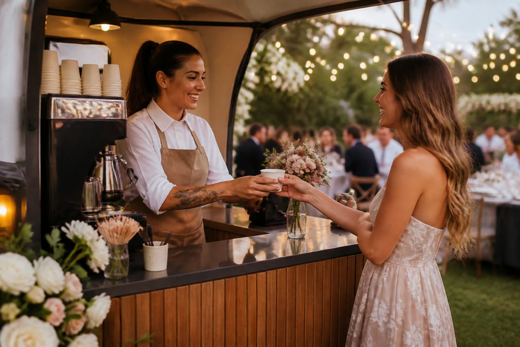 A professional barista in a branded apron serving espresso from a sleek mobile coffee cart to a smiling guest at an outdoor wedding reception, with warm string lights and floral arrangements in the background