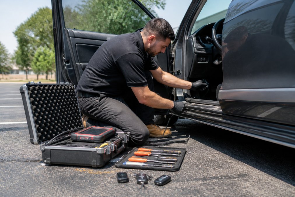 A professional automotive locksmith technician kneeling beside a car in a sunny parking lot, connecting a key programming device to the OBD-II port under the dashboard, with an open equipment case and key cutting tools visible on the ground nearby