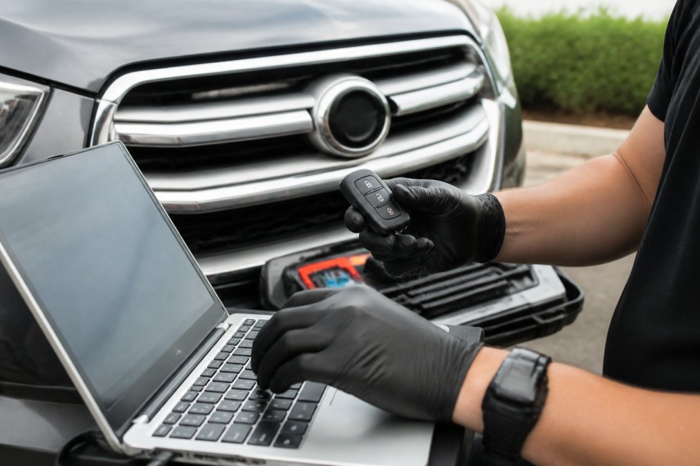 Close-up of a technician's hands holding a modern smart key fob next to a laptop displaying vehicle-specific programming software, with the front grille of a car visible in the background in natural daylight