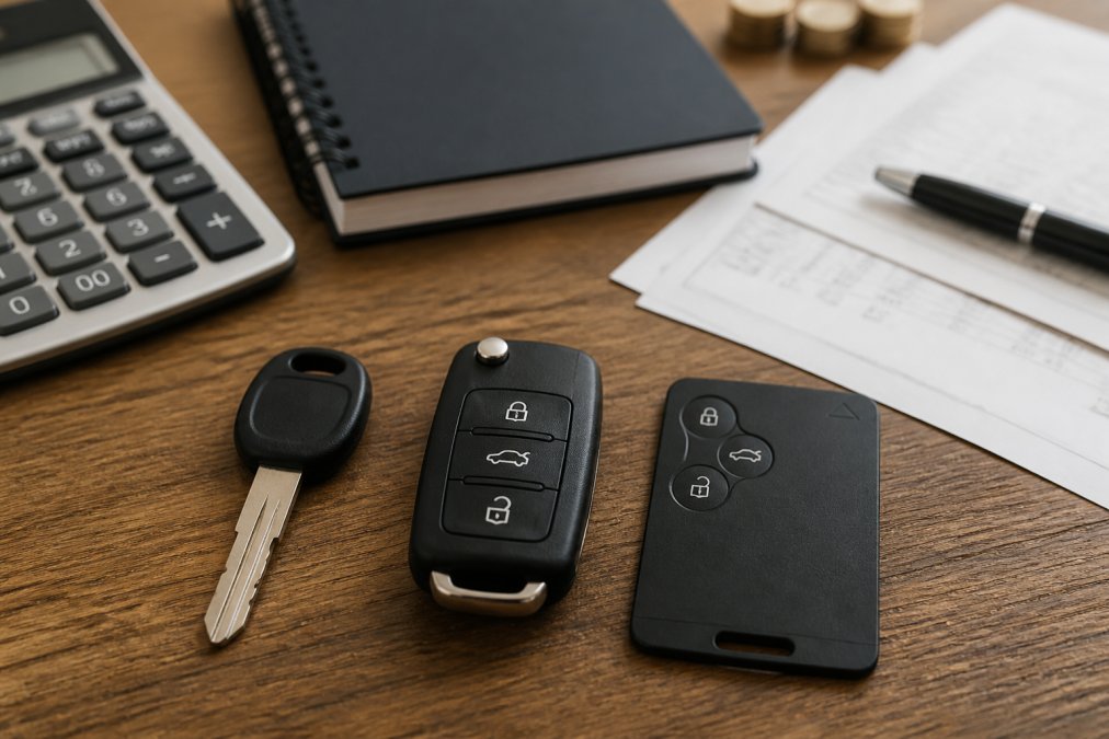 Close-up of three different car keys laid out side by side: a traditional metal key blade with simple cuts, a black remote key fob with multiple buttons, and a modern smart key card on a wooden surface with natural lighting