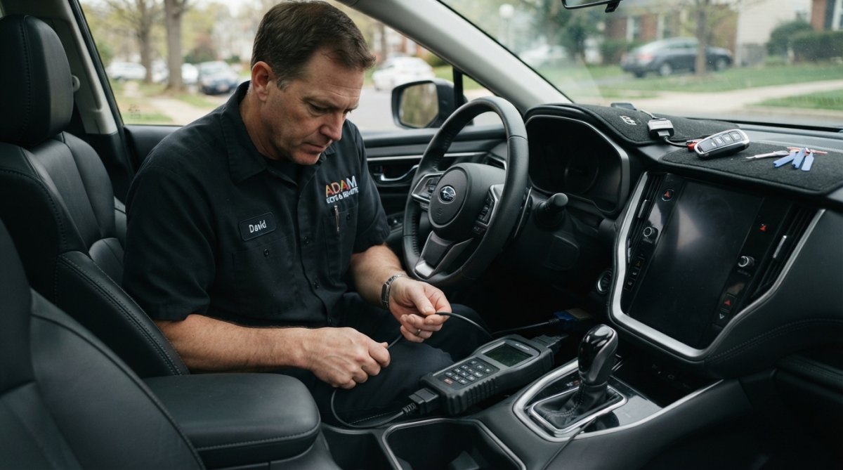 Professional locksmith using diagnostic equipment and programming device inside a vehicle's interior near the steering column, with a modern key fob visible on the dashboard