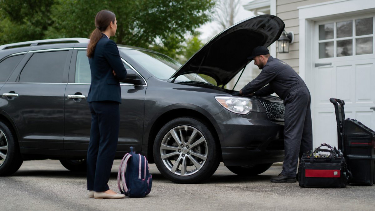 A busy parent in a driveway waiting while a mechanic performs mobile car repair on their family SUV.