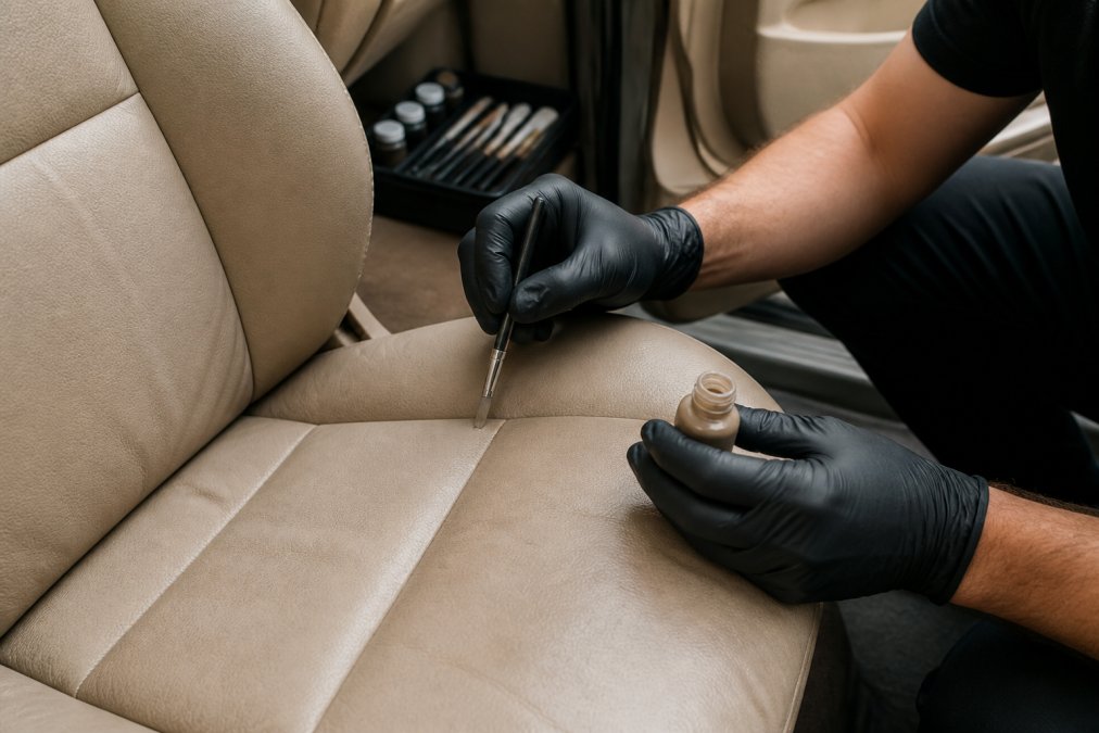 Professional technician's hands carefully applying colour-matched dye to a damaged leather car seat using precision tools in a vehicle interior
