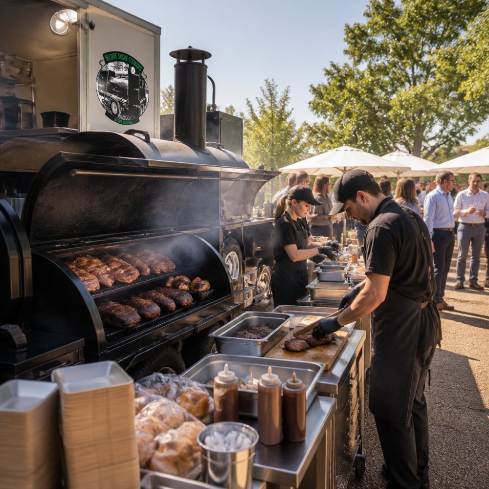 Professional BBQ catering trailer set up at an outdoor corporate event with staff in branded aprons preparing smoked meats, with guests mingling in the background under afternoon sunlight