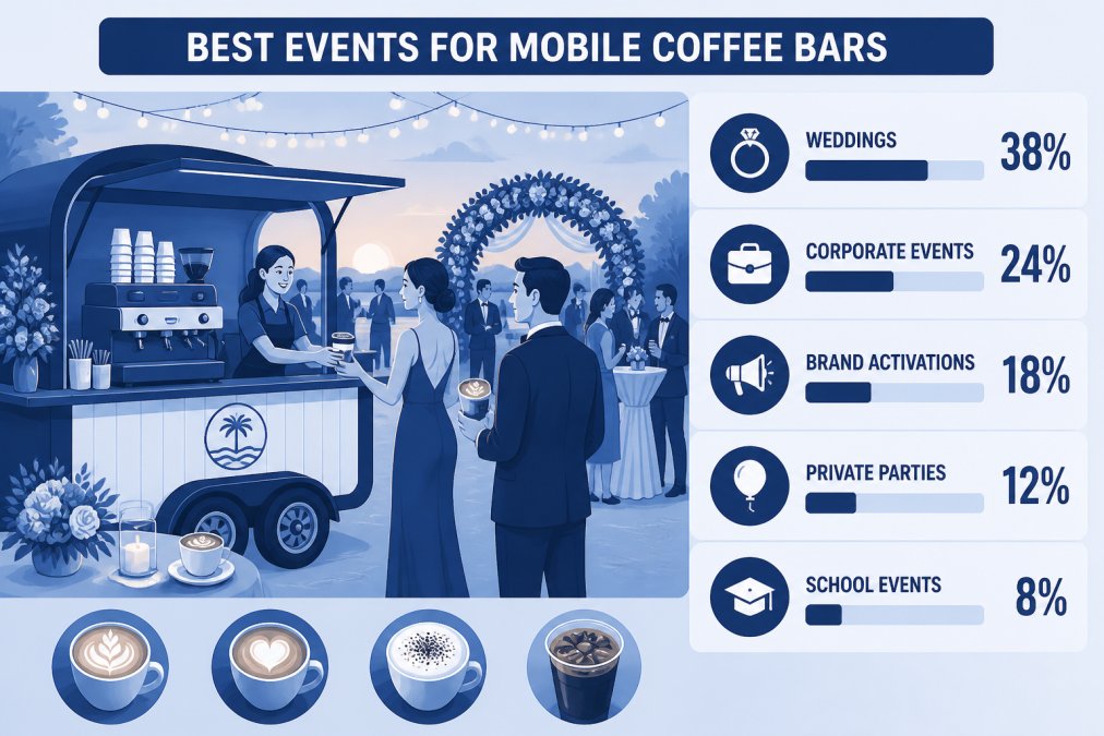 Elegant wedding reception at sunset with a branded mobile espresso bar serving guests in formal attire, latte art visible on drinks, festive outdoor garden setting with string lights overhead