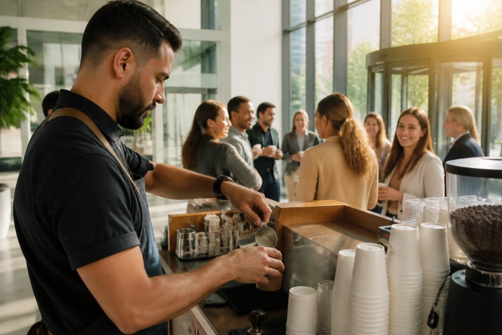 Professional barista preparing specialty coffee drinks at a mobile espresso bar in a modern office lobby, with employees gathering and smiling in the background, natural afternoon sunlight streaming through windows