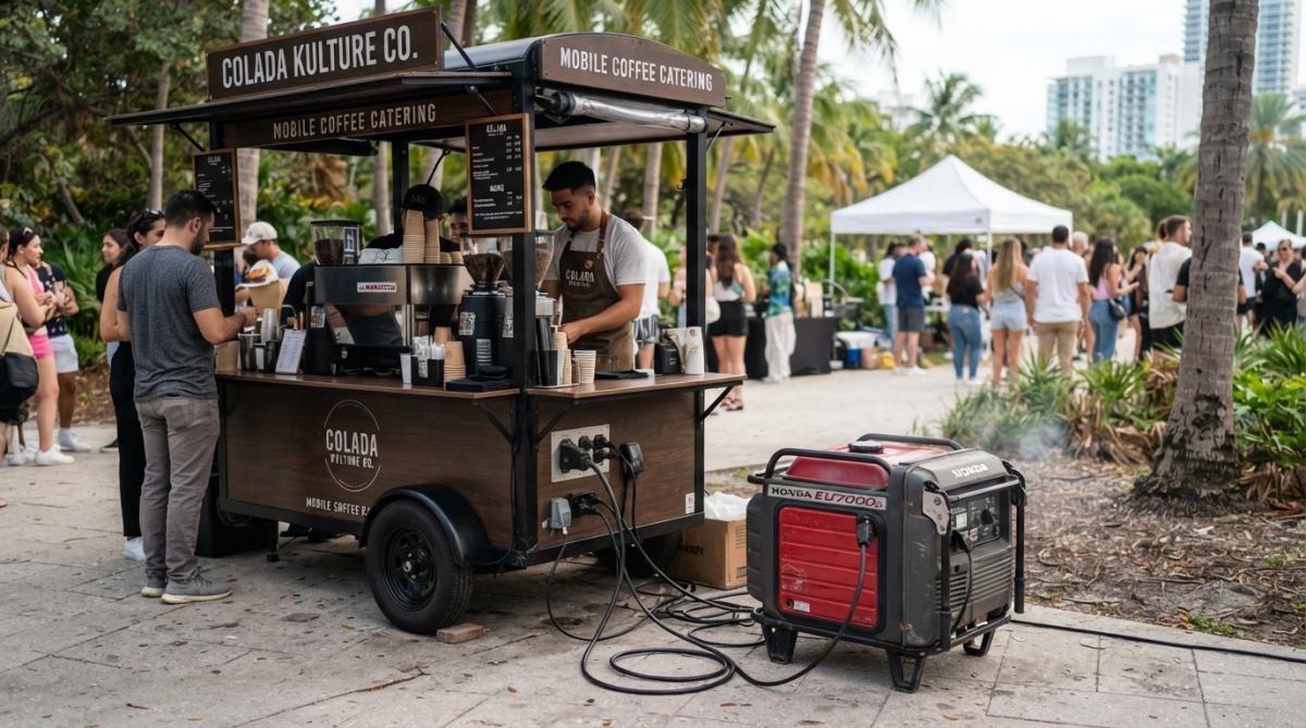 Portable generator positioned next to a mobile coffee cart setup at an outdoor wedding event, showing real-world placement and scale with extension cord routing