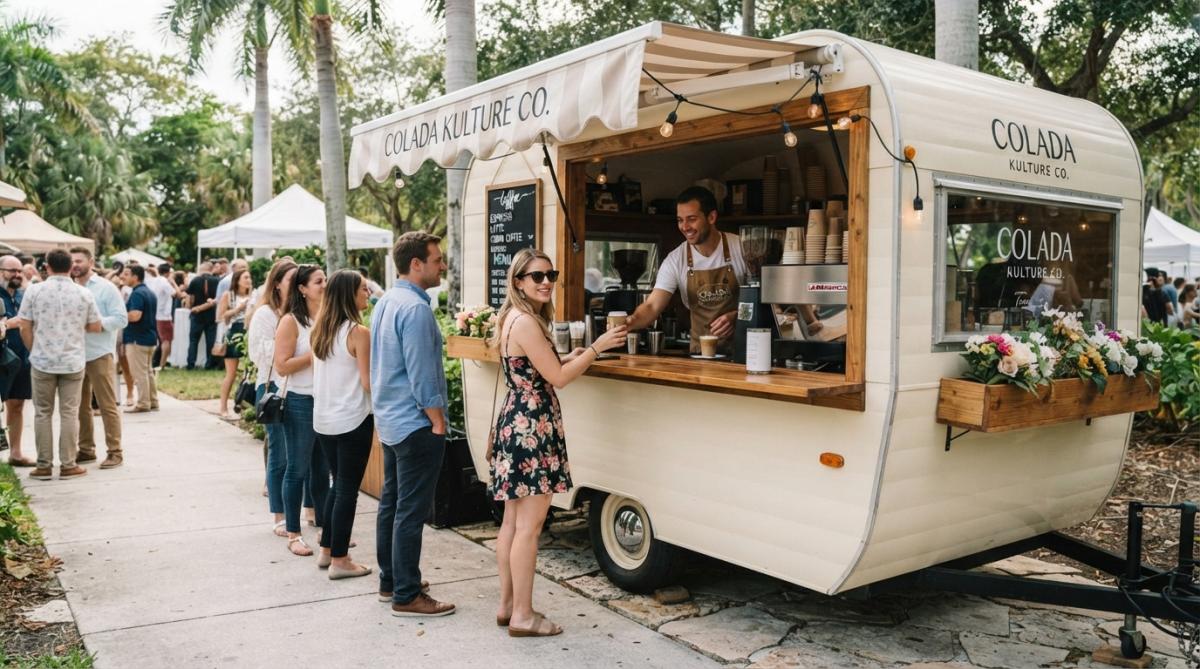 Professional mobile coffee trailer parked at an outdoor wedding venue with guests lined up at the service window, barista preparing specialty drinks with natural afternoon light