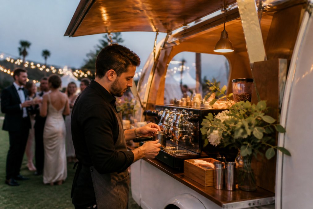 Professional barista preparing an espresso drink at an outdoor wedding reception, with guests in formal attire visible in soft evening light in the background and a beautifully decorated mobile coffee cart with custom branding and warm lighting