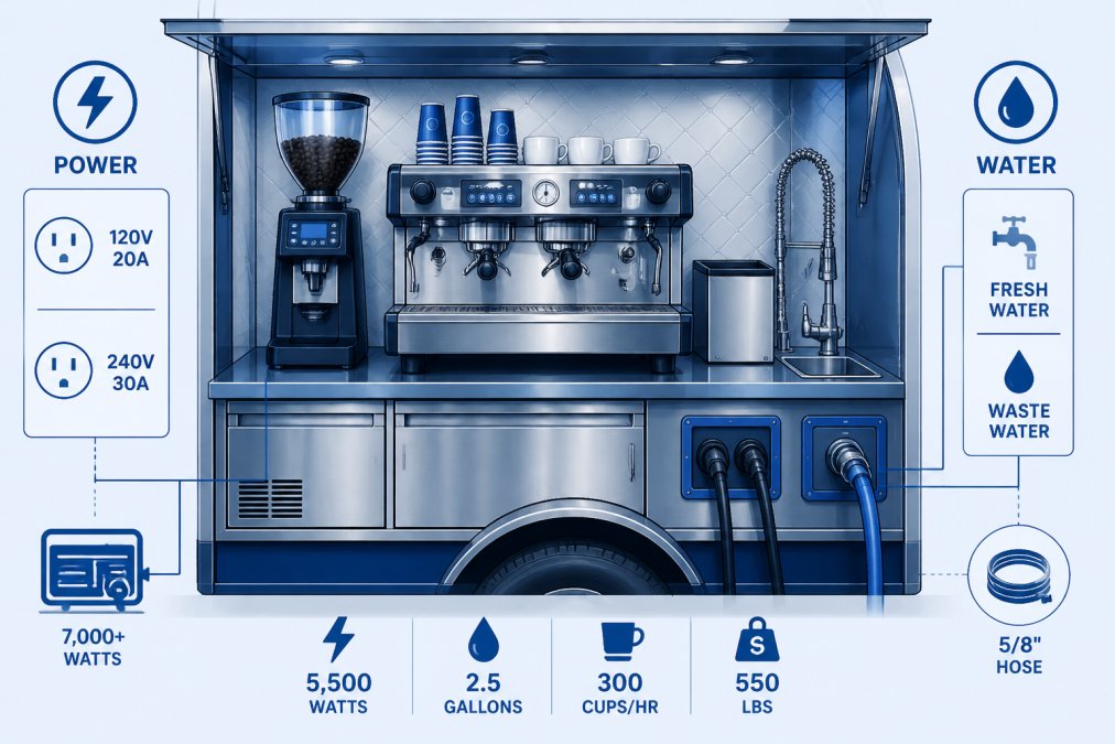 Close-up view of commercial espresso machine, grinder, and stainless steel equipment inside a mobile coffee trailer, showing power cords, water connection setup, and professional-grade machinery ready for service