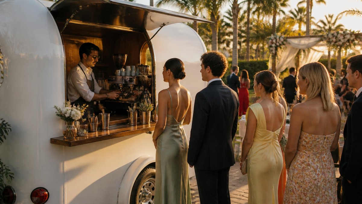 Barista pulling espresso inside a mobile coffee trailer at a formal Miami wedding during golden hour