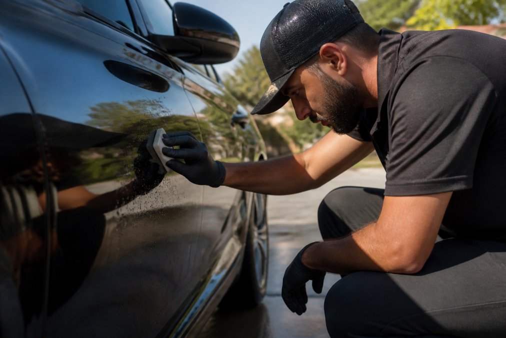 Professional detailer performing clay bar treatment on luxury vehicle's exterior, showing meticulous hand technique and careful attention to paint surface detail under bright natural sunlight
