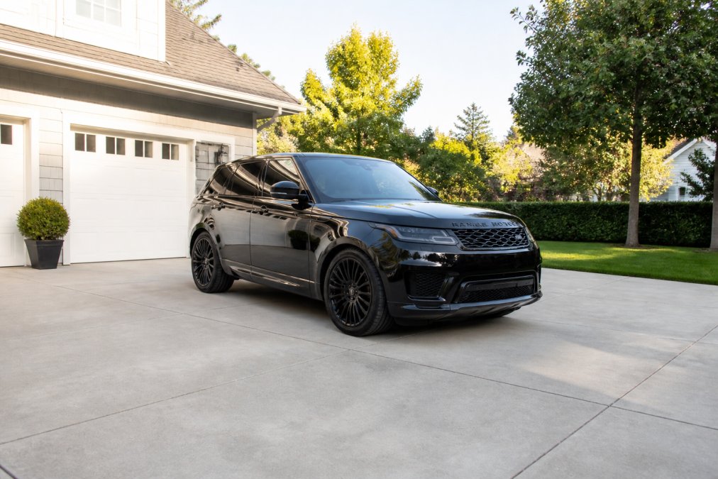 Clean driveway with luxury vehicle parked in open space showing ideal setup for mobile detailing service, with clear access on all sides and adequate room for equipment staging