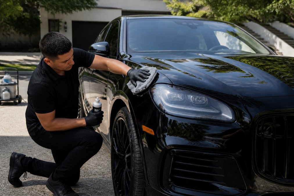 Professional detailer working on a luxury vehicle in a residential driveway, using microfiber towels and professional-grade products, with careful attention to paint surfaces and trim