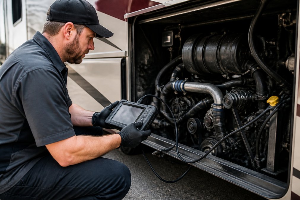 Professional diesel technician using computer diagnostic scanner on an RV engine compartment, modern diagnostic equipment connected to engine, bright daylight showing engine bay details