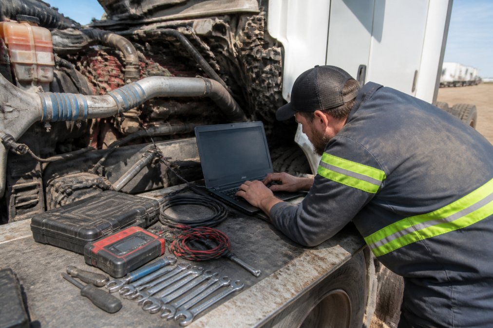 A mobile diesel technician using a laptop with diagnostic software connected to a semi truck engine, with the computer screen displaying engine parameters and diagnostic codes, tools and equipment visible on the work surface under bright lighting