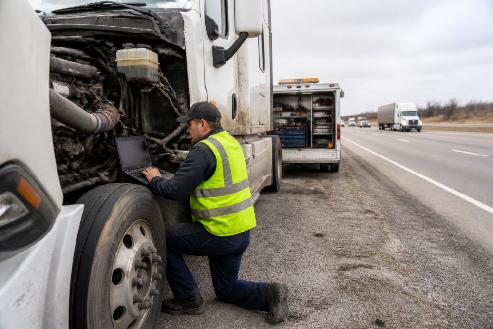A professional mobile diesel mechanic in a high-visibility vest kneeling beside a semi-truck's open engine compartment on the shoulder of an interstate highway, diagnostic laptop connected, with a service truck parked behind and traffic passing in the background