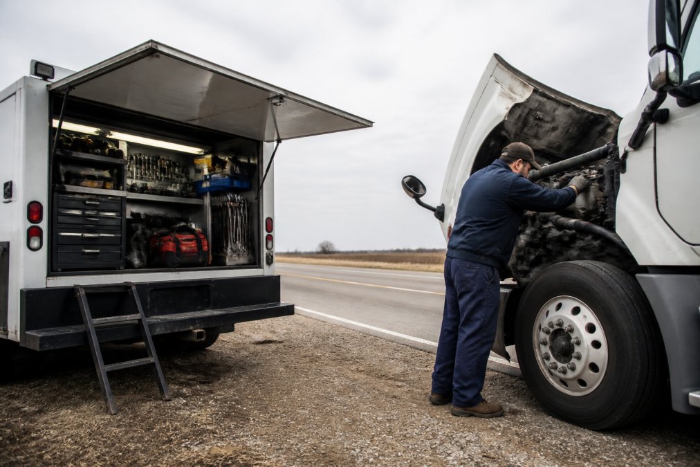 Mobile service truck with fully equipped tool storage and diagnostic equipment parked on the shoulder of a highway, technician visible inspecting a semi-truck engine compartment