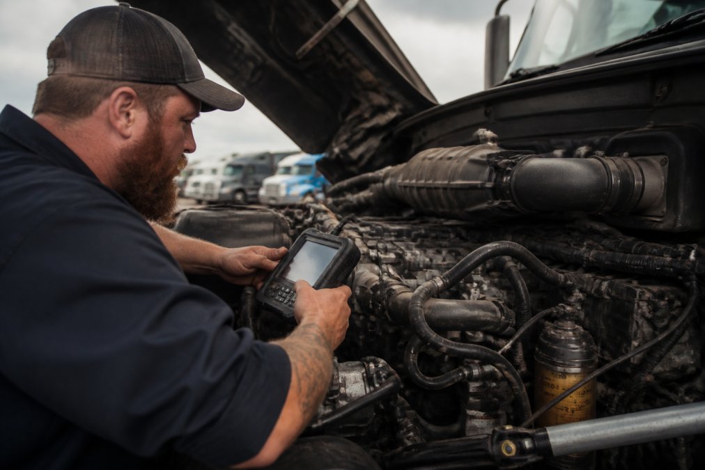 Diesel mechanic performing electrical diagnostics on a truck engine bay using handheld computer diagnostic tool, close-up of the work in progress with engine components visible