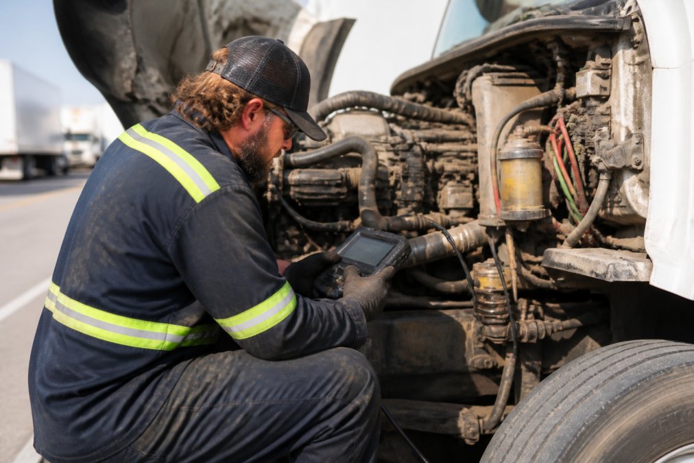 Professional diesel mechanic performing computer diagnostics on semi-truck engine at roadside with diagnostic scanner and test equipment visible, bright daylight conditions