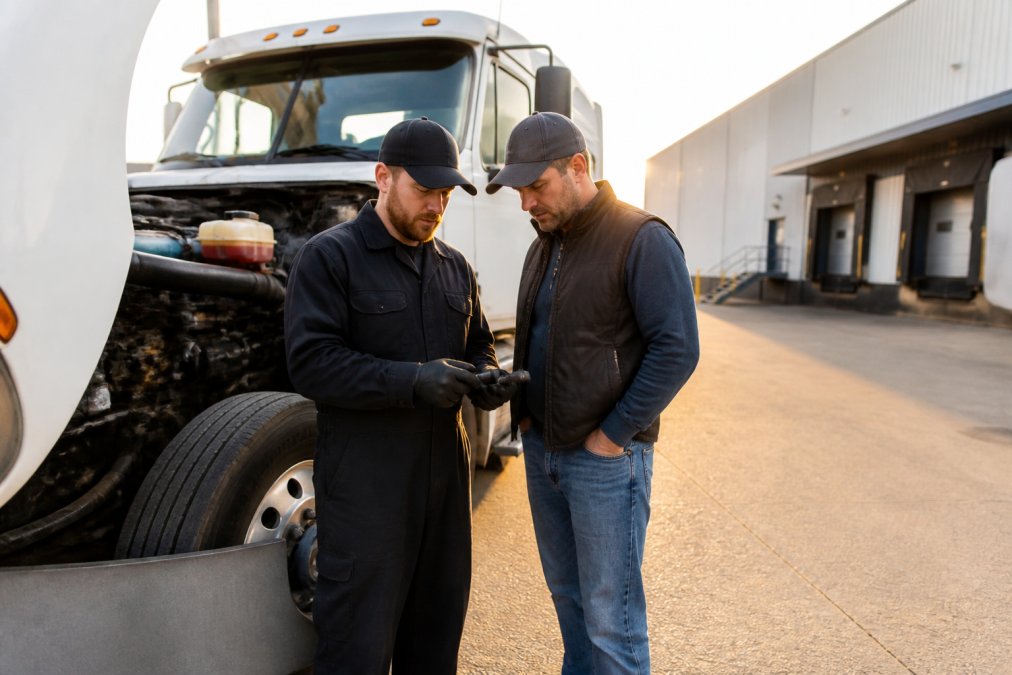 Semi-truck driver and mobile diesel technician working together during on-site repair at loading dock, truck fully operational and ready to resume hauling with morning sunlight