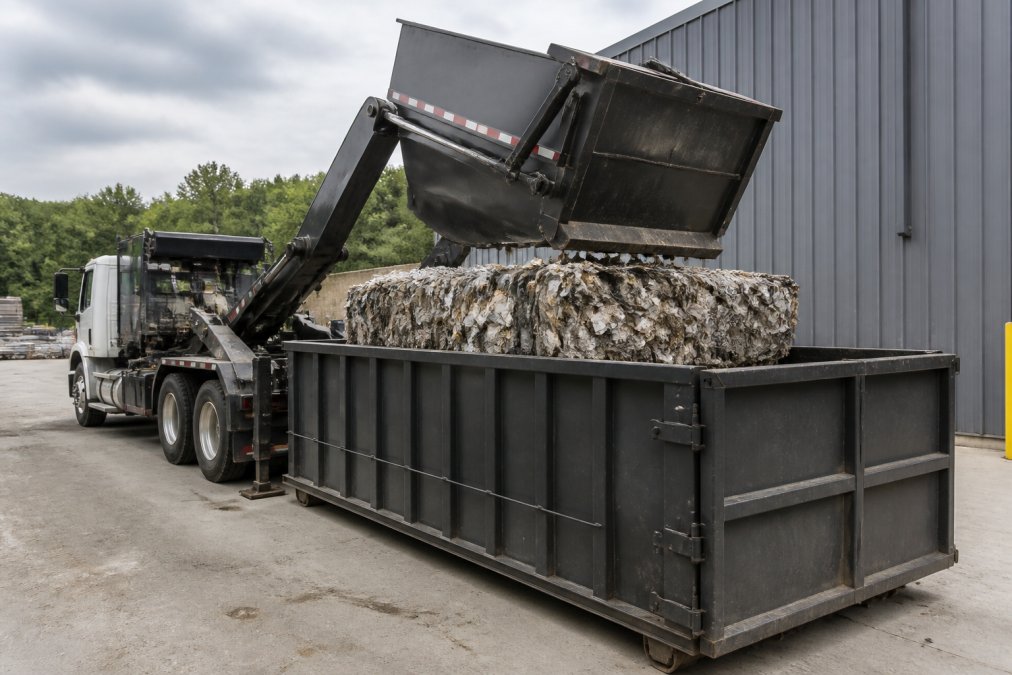 Mobile compaction truck with hydraulic arm actively crushing waste into an industrial roll-off dumpster at a manufacturing facility yard, showing dense compressed material inside the container