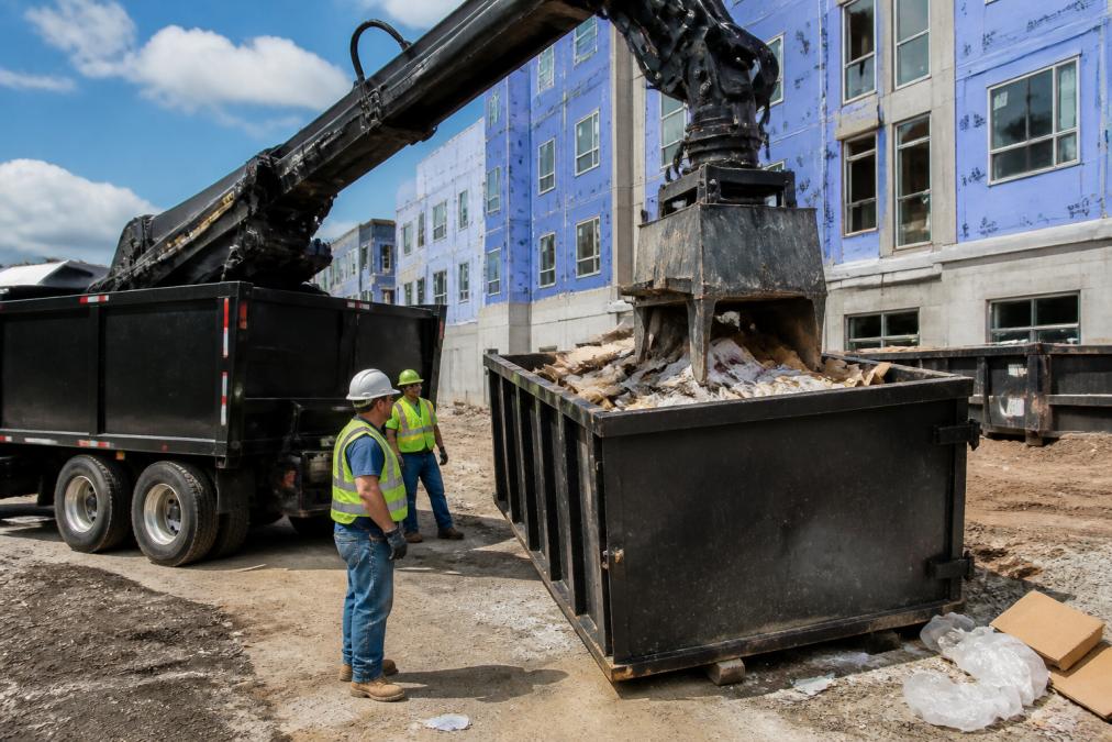 Mobile compactor truck actively crushing waste in a dumpster on a busy construction jobsite with workers nearby, natural daylight showing the equipment in operation