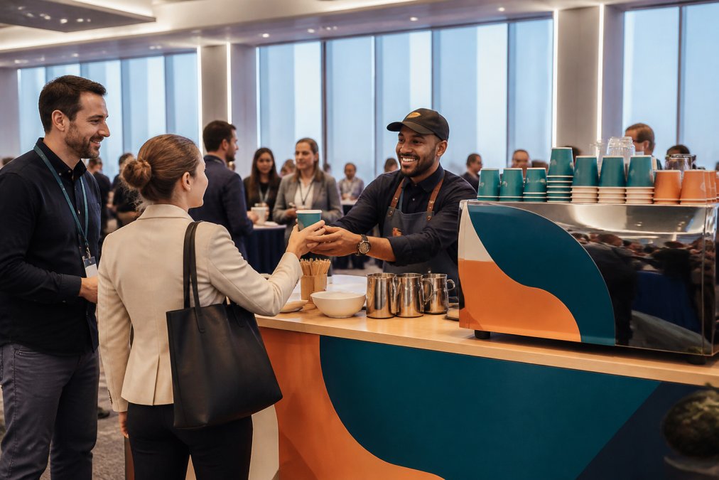 Custom-branded mobile espresso bar with company logo and vibrant brand colors displayed prominently at a corporate conference, professional barista in branded apron serving specialty drinks to networking attendees in business casual attire