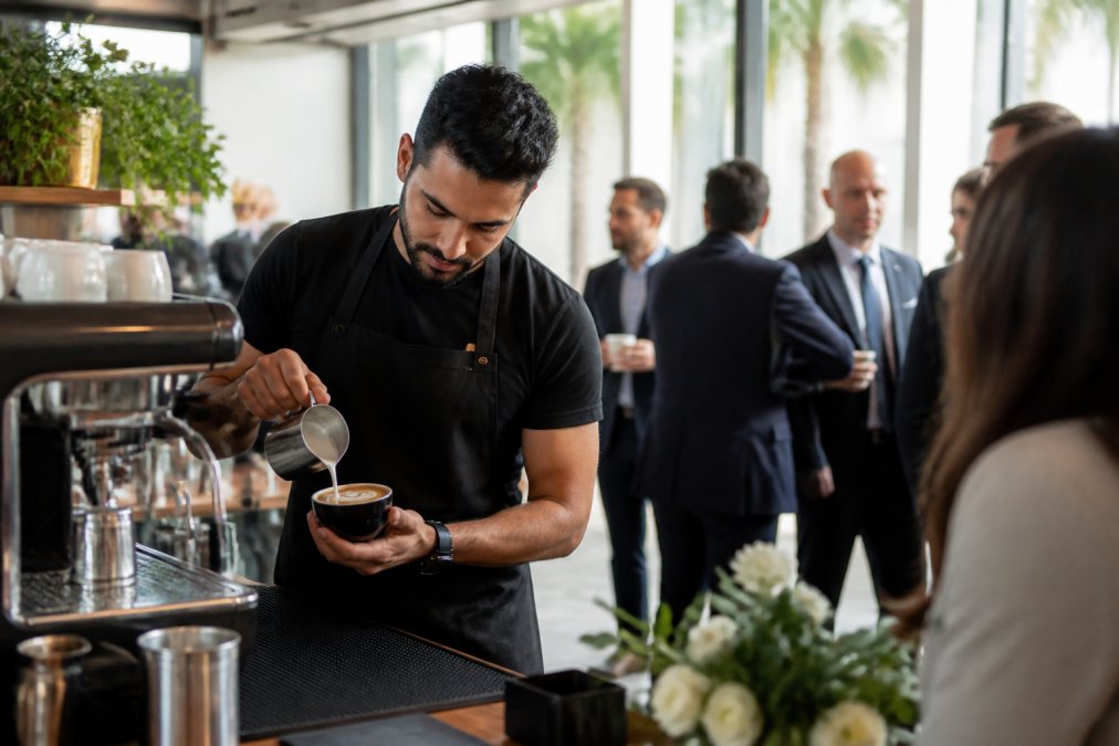 Professional barista with focused expression carefully pouring steamed milk into espresso to create latte art at a mobile coffee cart, with guests waiting in background at a corporate conference event, natural afternoon lighting