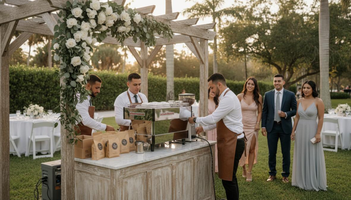 Professional illustration showing professionally and set and up concepts for mobile espresso bar for weddings