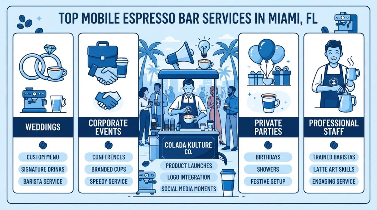 Professional barista preparing a handcrafted latte with latte art at a mobile espresso bar cart during an outdoor wedding reception, with guests in the background enjoying drinks