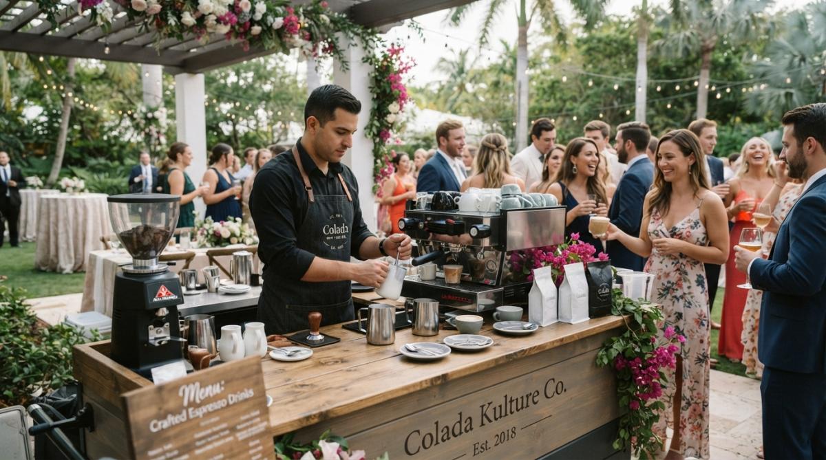 Professional barista preparing specialty espresso drinks at a mobile coffee cart during an outdoor event, with guests visible in the background enjoying beverages