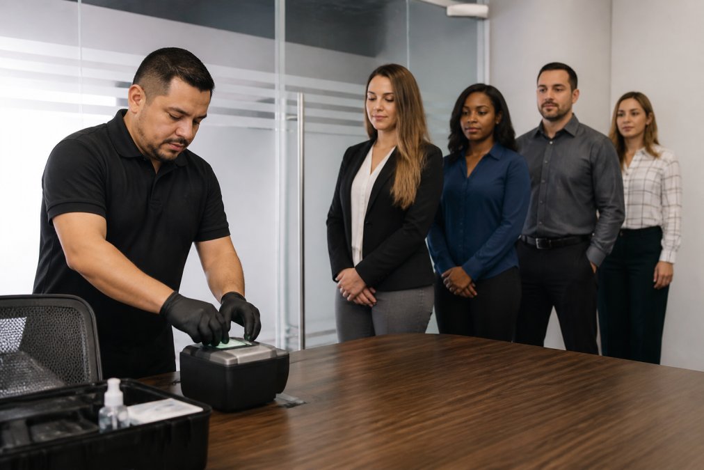 A professional fingerprint technician setting up a compact live scan device on a conference room table while corporate employees wait in line behind, bright modern office setting