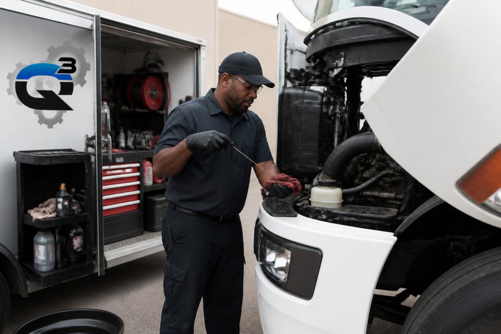 Professional technician performing oil change service on commercial truck at business location with service equipment visible and vehicle parked on-site