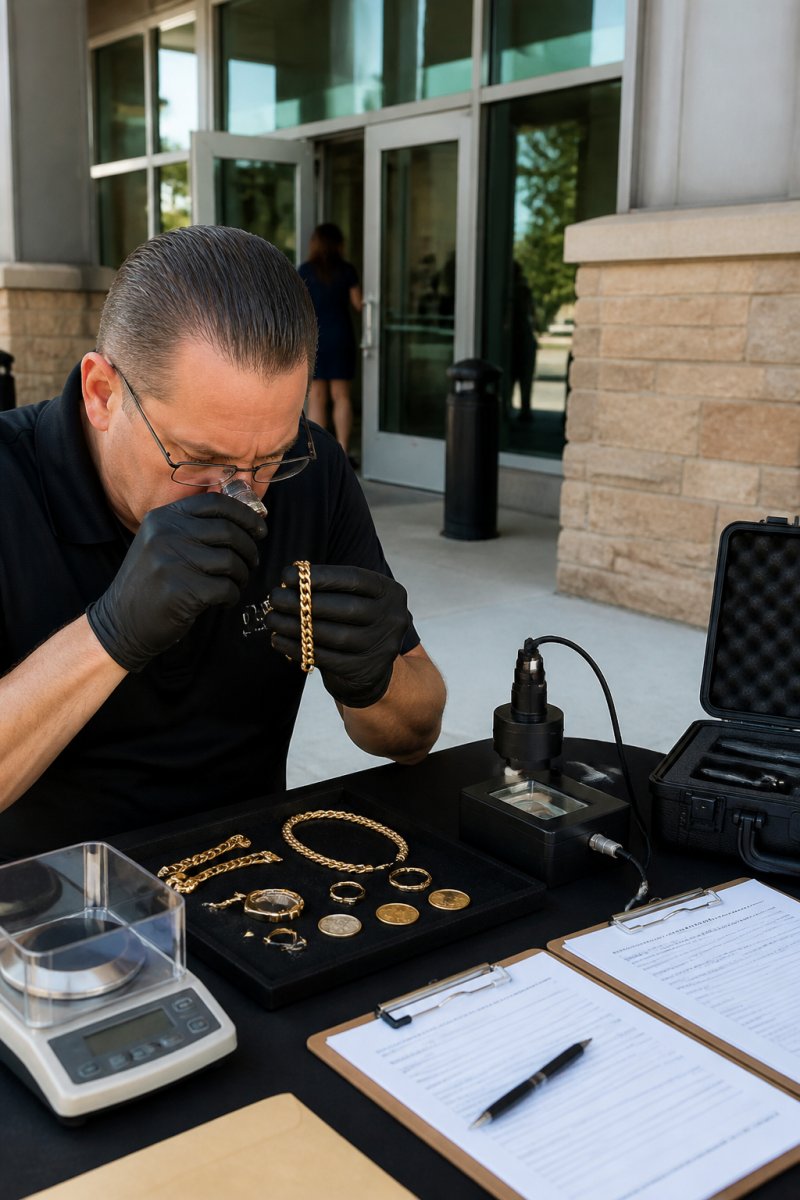 Professional appraiser examining gold jewelry at a secure public location near a bank entrance, with certified testing equipment visible on a table and documentation visible