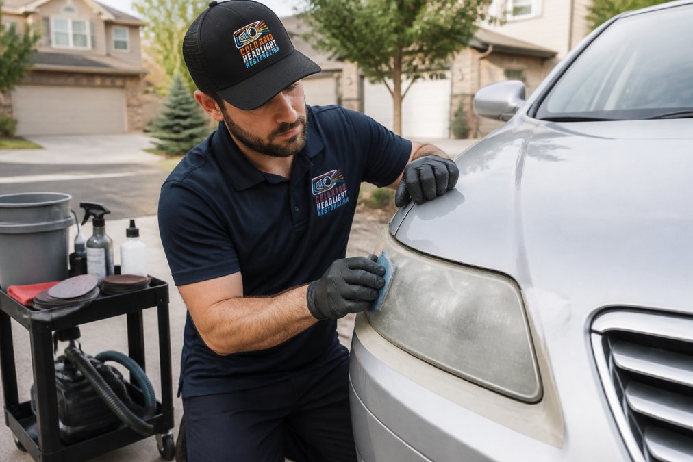 A technician in a branded uniform wet-sanding a cloudy headlight on a sedan parked in a residential driveway, with a portable work station and supplies nearby