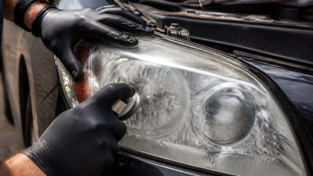 Technician using specialized tools for a professional mobile headlight restoration service on a car lens