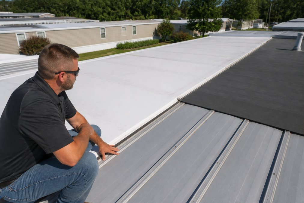 Professional contractor inspecting mobile home roof structure showing TPO membrane, metal panels, and rubber coating materials in natural outdoor lighting