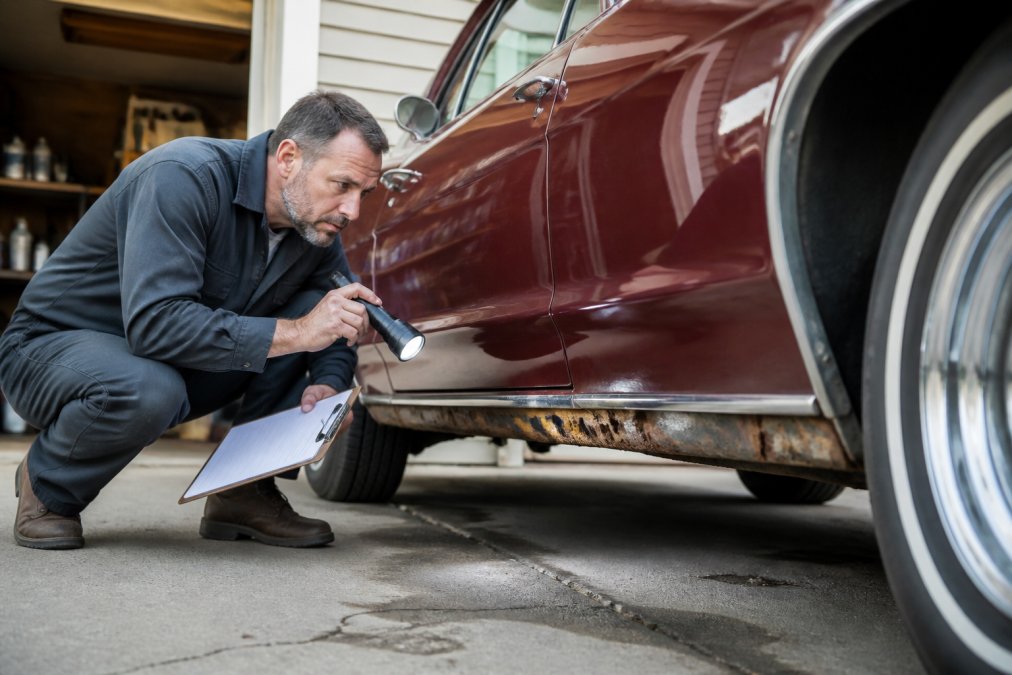 Mobile Inspection for Classic Car Purchase: 2026 Guide A mobile inspector in work clothes kneeling beside a classic car with a clipboard and flashlight, examining the lower body panels for rust in a driveway or garage setting