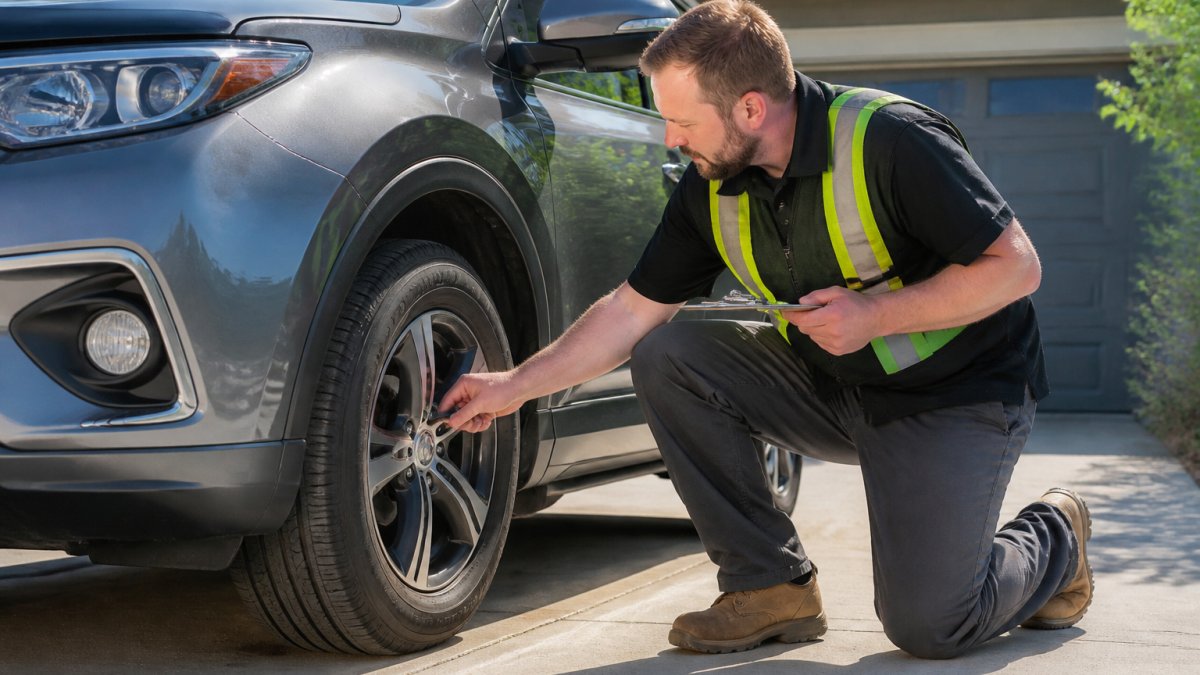 A journeyman-certified mechanic in a work vest crouching beside a clean SUV parked in a residential driveway, clipboard in hand, inspecting the front tire and brake area in daylight