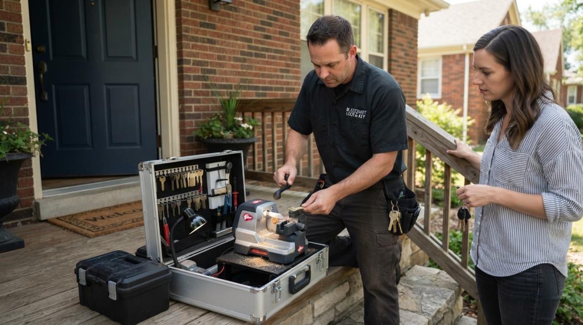 Professional locksmith in uniform at customer's home entrance with mobile equipment case and tools, demonstrating on-site service at front door