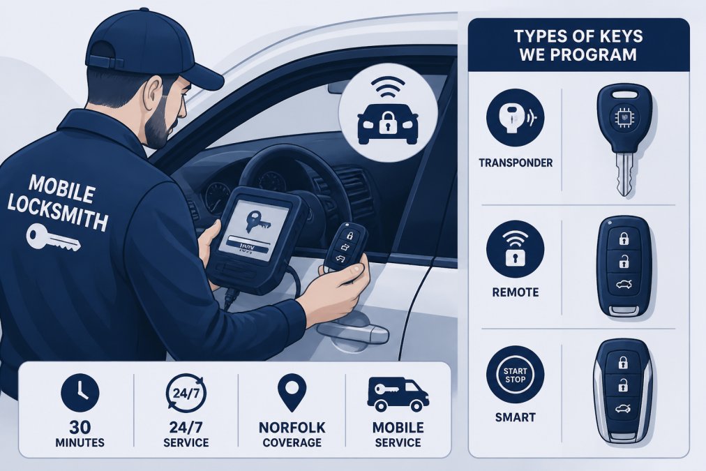 Mobile locksmith technician at a car window programming a key fob with handheld diagnostic device, showing real on-site service in action