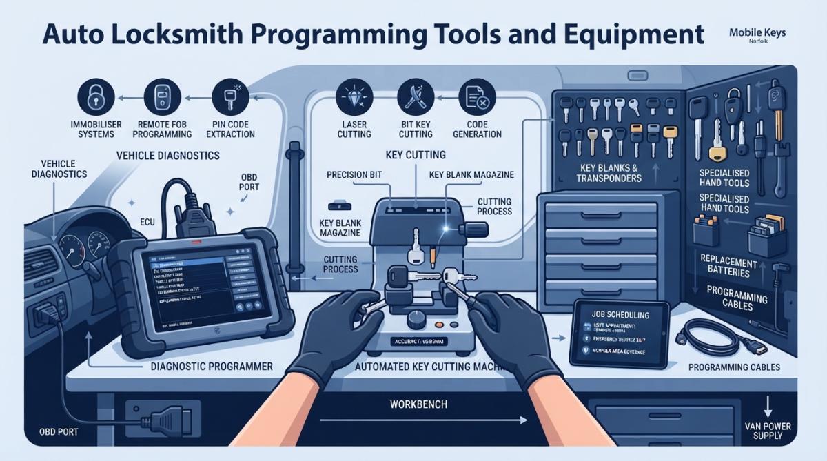 Professional demonstrating mobile locksmith's hands working with diagnostic equipment and key cutting machine inside a van, showing specialised tools and devices