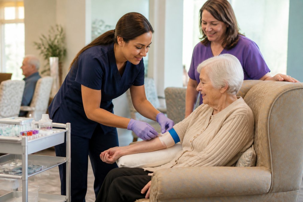 A licensed phlebotomist in scrubs performing a gentle blood draw on an elderly resident seated in a comfortable armchair inside a bright assisted living common area, with a rolling supply cart nearby and a caregiver watching warmly in the background