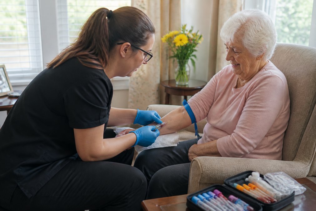 Process diagram showing how mobile lab services perform home blood draws for seniors in three simple steps