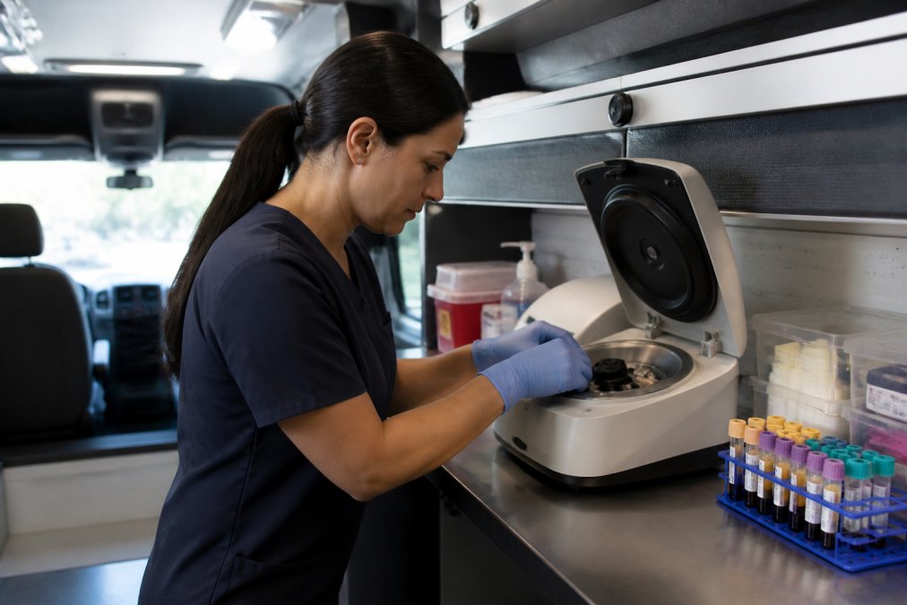 Mobile lab tech calibrating a portable centrifuge inside a clean, organized mobile phlebotomy van.