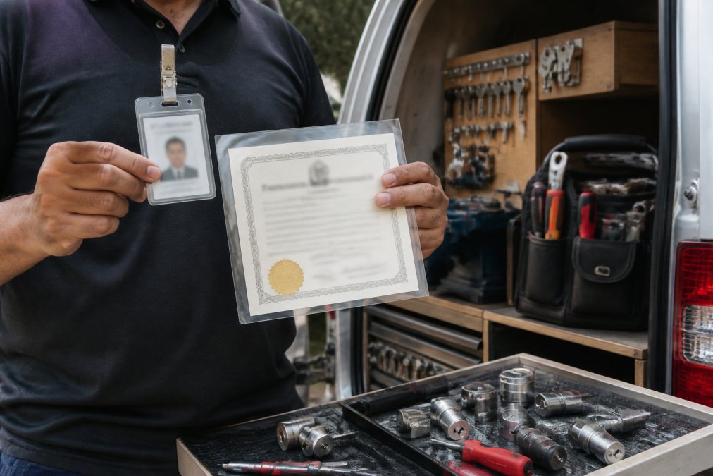 Locksmith holding a professional license and ID badge near a work van to help verify mobile locksmith costs.