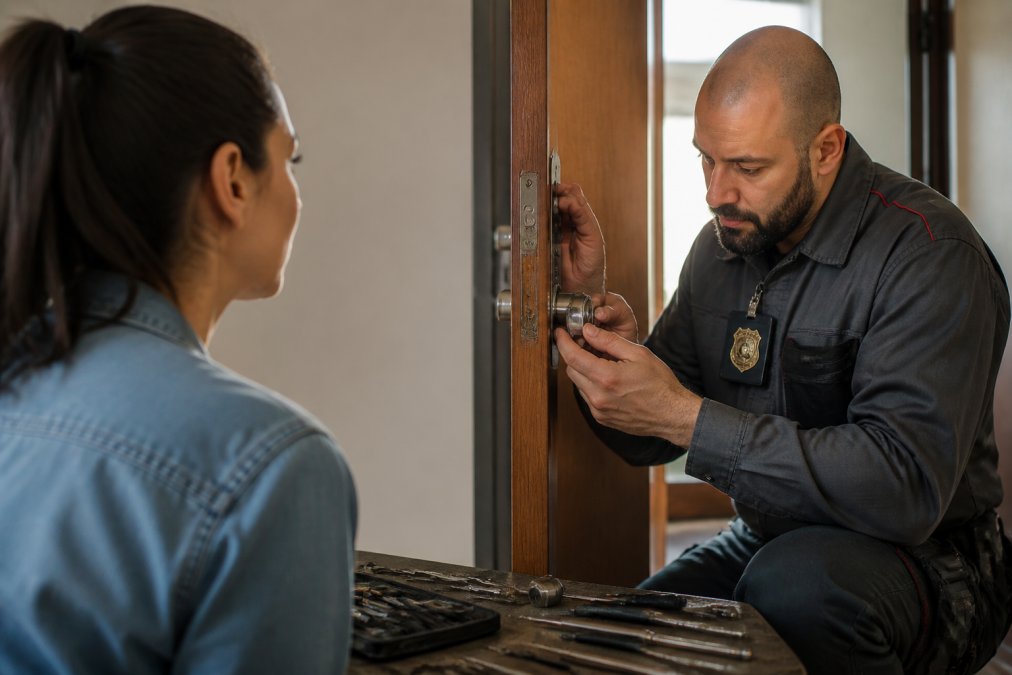 Professional locksmith in uniform examining apartment door deadbolt mechanism with specialized tools visible on workbench, security badge displayed on chest